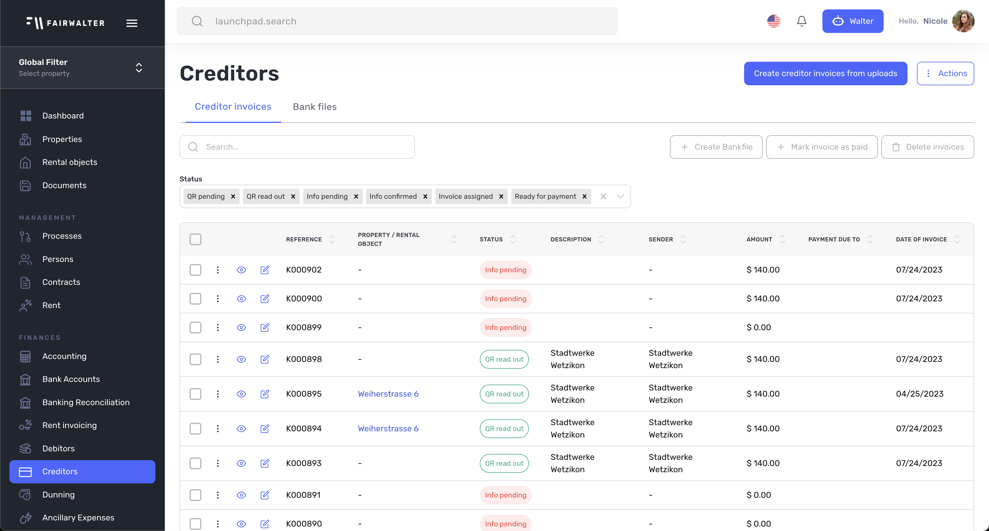 Creditors dashboard